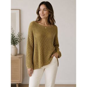 Josephine Chaus Open Knit Sweater Coastal Grandmother Lagenlook Mustard Tunic